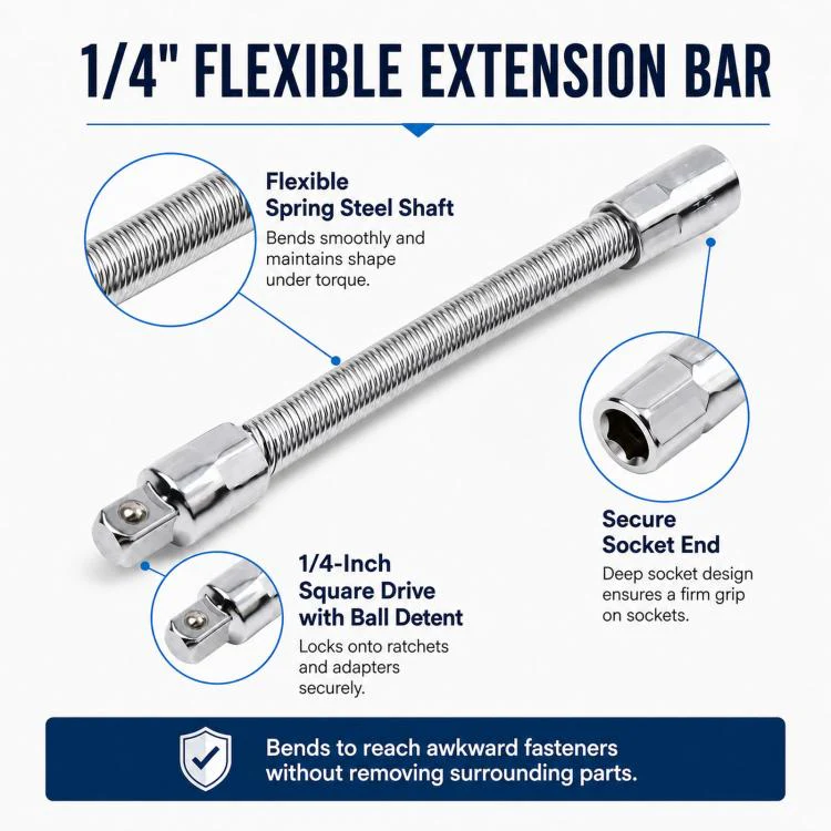 1/4-Inch Drive Flexible Extension Bar 140mm Spring Steel Socket Extension Shaft Flexible Socket Adapter(Silver) - Image 4