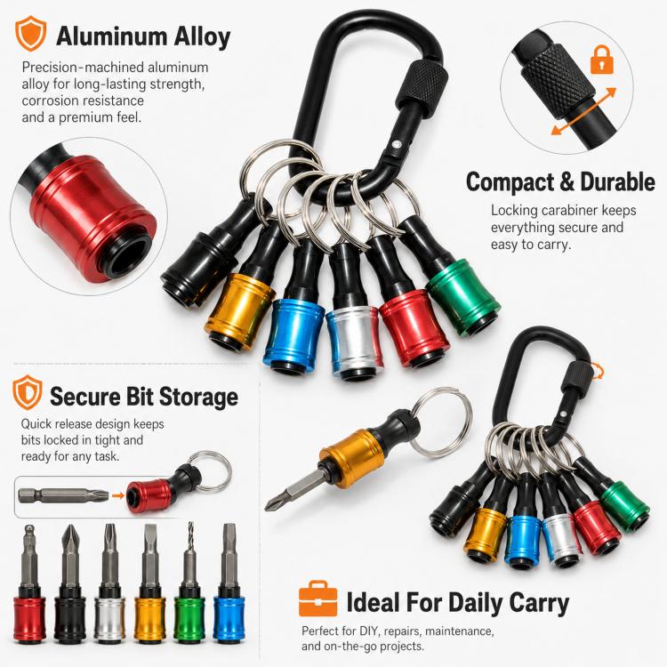 1/4 Inch Hex Shank Screwdriver Bit Holder Keychain 6-Piece Quick Release Extension Bar Set with Locking Carabiner(Mixed-color) - Image 5