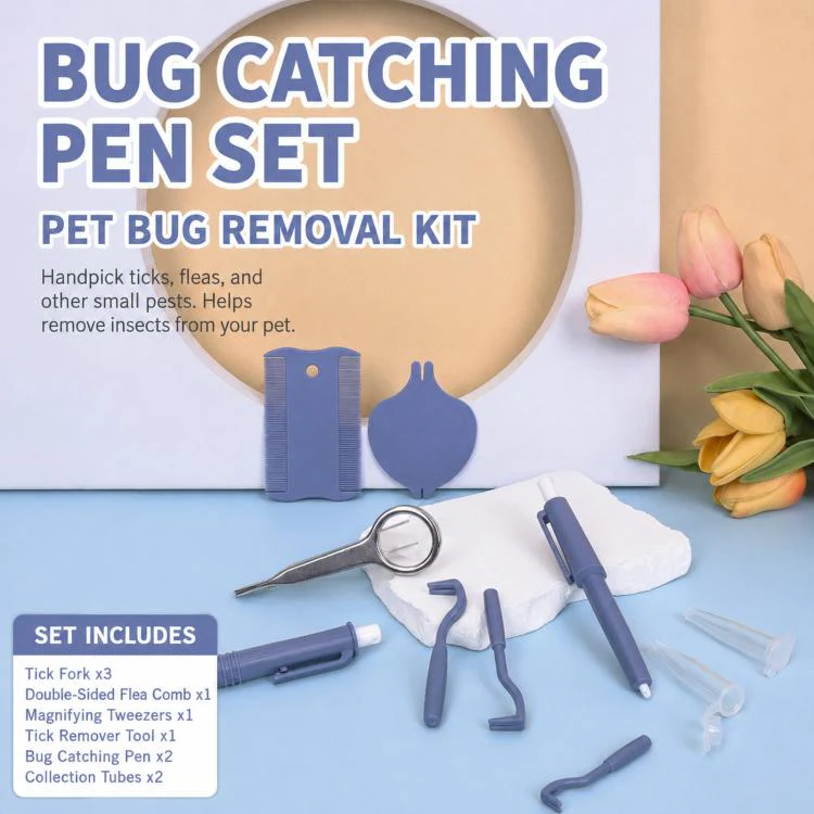 10-Piece Pet Tick Remover Kit with Magnifying Glass Tweezers, Lasso Pen, Flea Comb(Blue) - Image 2