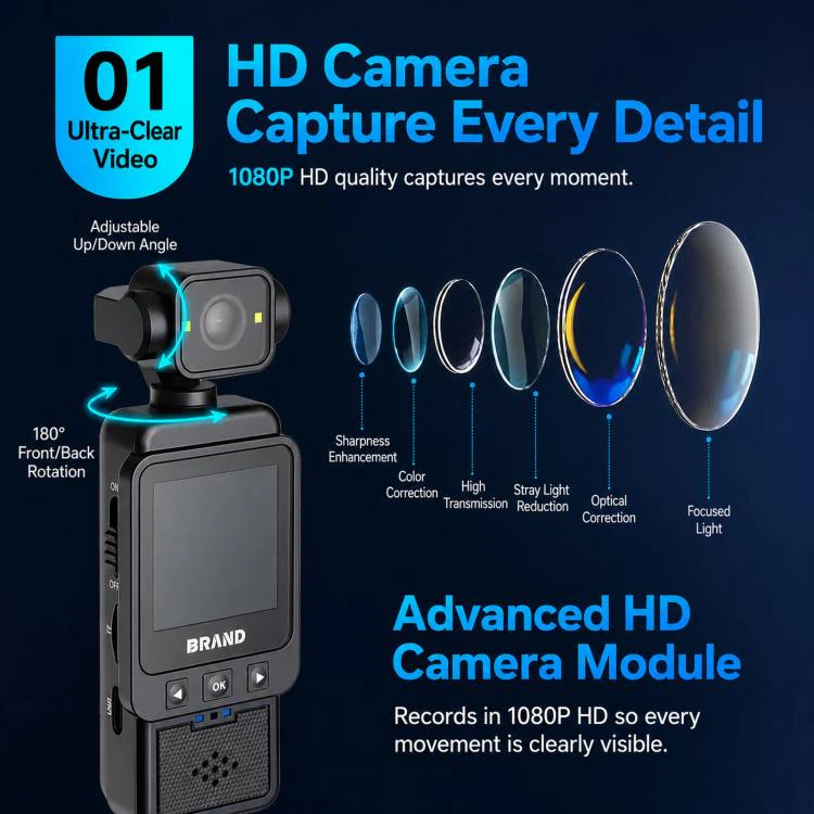 1080P WiFi Body Camera With Rotatable Lens & 1.6 Inch Screen Wearable Sports Action Camera Clip-On Pocket Cam(Black) - Image 4