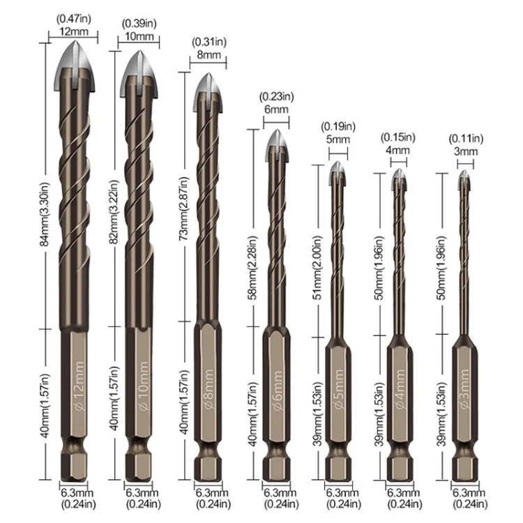 10mm Hexagonal Shank Spiral Flute Cross Alloy Drill Bits Glass Tile Four Edge Drivers - Image 3