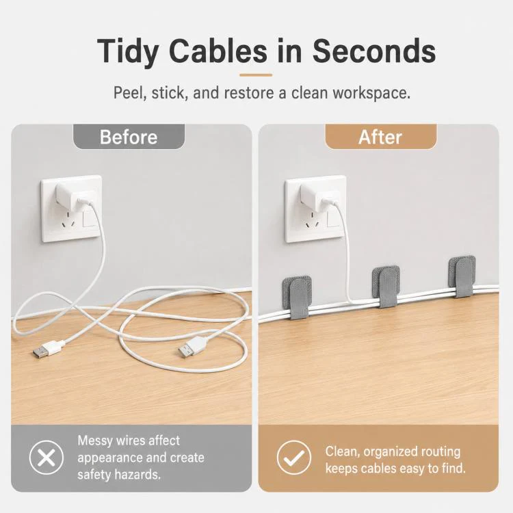 10pcs /Pack Adhesive Cable Organizer Reusable Hook And Loop Fastener Cord Keeper Strips For Appliance Under Desk Wire Management Clips(Gray) - Image 3