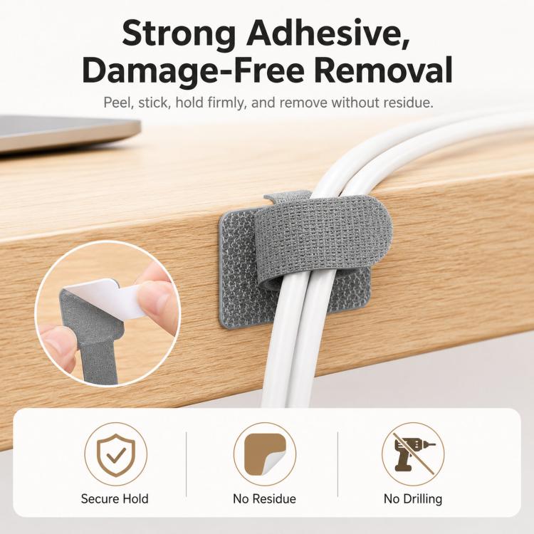 10pcs /Pack Adhesive Cable Organizer Reusable Hook And Loop Fastener Cord Keeper Strips For Appliance Under Desk Wire Management Clips(Gray) - Image 4