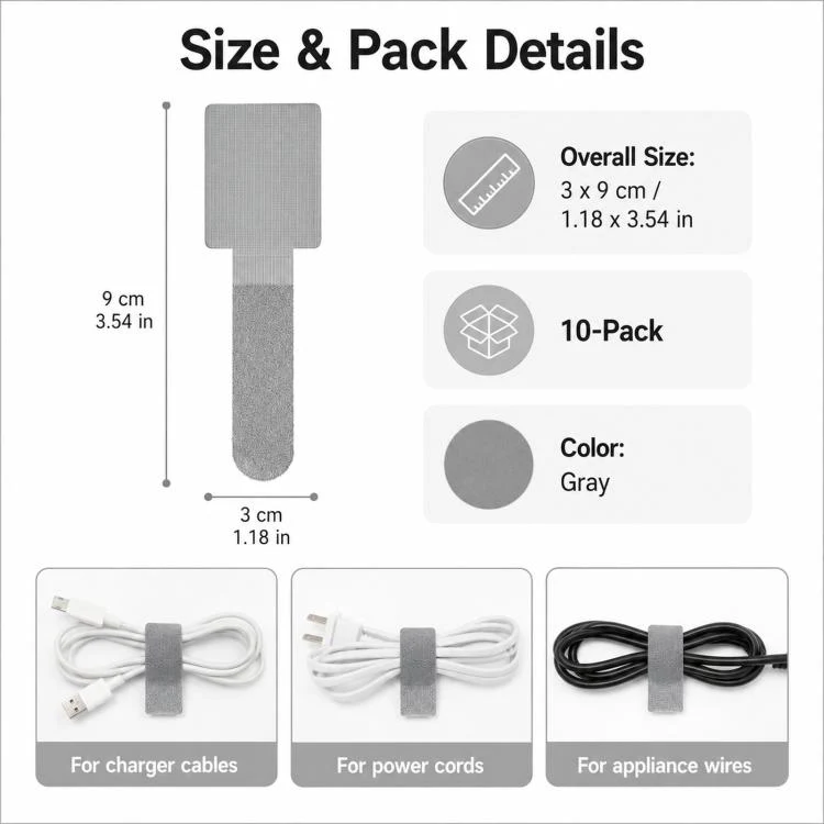 10pcs /Pack Adhesive Cable Organizer Reusable Hook And Loop Fastener Cord Keeper Strips For Appliance Under Desk Wire Management Clips(Gray) - Image 6