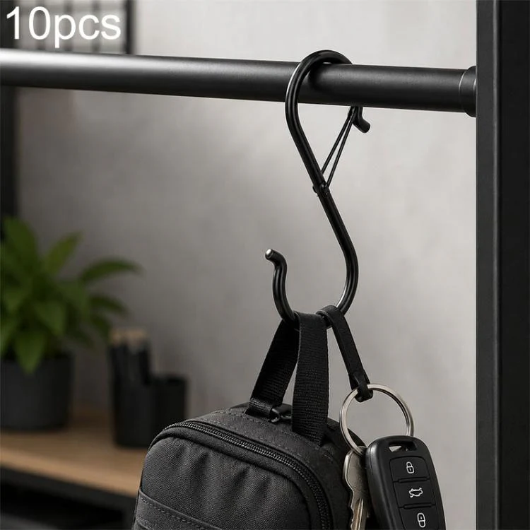 10pcs S-Shaped Windproof Spring-Clip Storage Hook with Safety Buckle(Black)