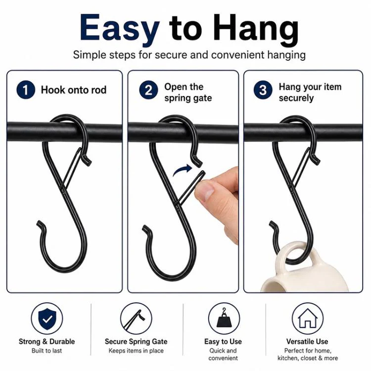 10pcs S-Shaped Windproof Spring-Clip Storage Hook with Safety Buckle(Black) - Image 6