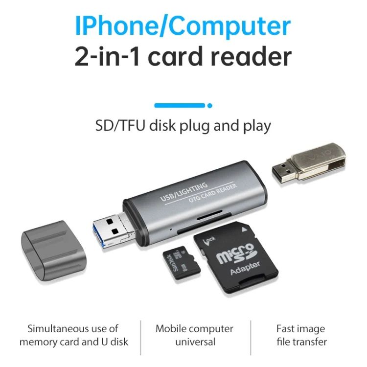118 2 in 1 USB + 8 Pin Interfaces USB Flash Disk / Memory Card OTG Card Reader for IOS System Mobile Phone / Computer (Light Grey) - Image 5