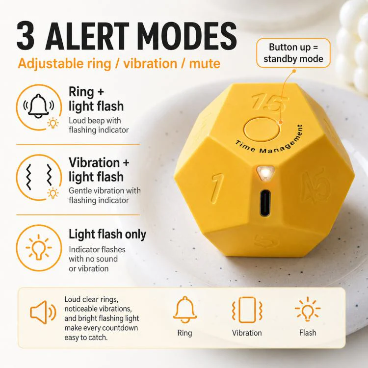 12 Sided Gravity Sensing Timer Kitchen Reminder Time Manager(Yellow) - Image 6