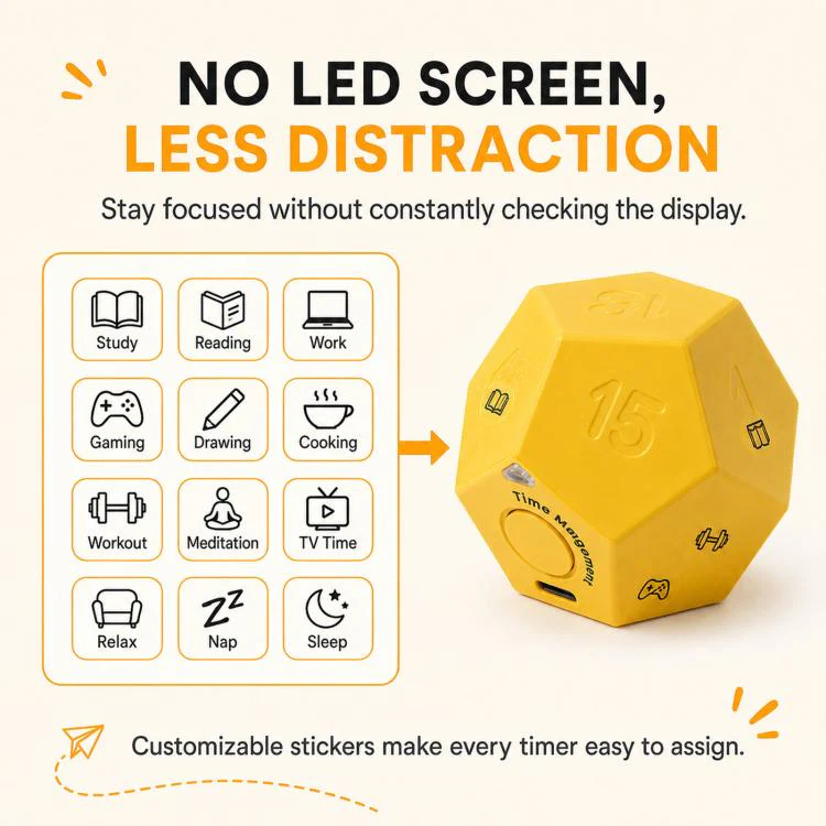 12 Sided Gravity Sensing Timer Kitchen Reminder Time Manager(Yellow) - Image 8