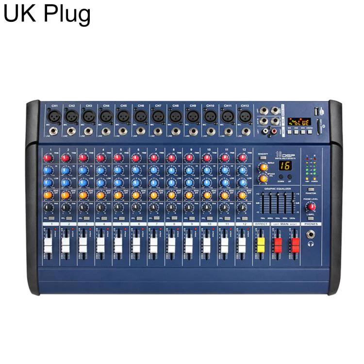 1202D 12-Channel Multi-function Professional Bluetooth Mixer with Amplifier, Plug Type:UK Plug(Black)