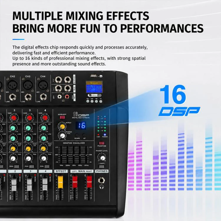 1202D 12-Channel Multi-function Professional Bluetooth Mixer with Amplifier, Plug Type:UK Plug(Black) - Image 10