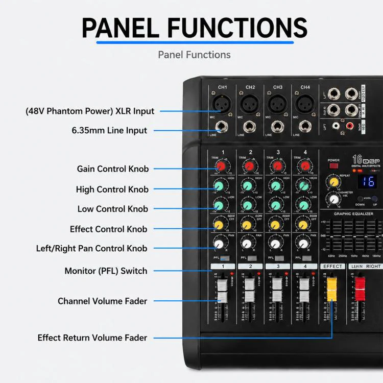 1202D 12-Channel Multi-function Professional Bluetooth Mixer with Amplifier, Plug Type:UK Plug(Black) - Image 4