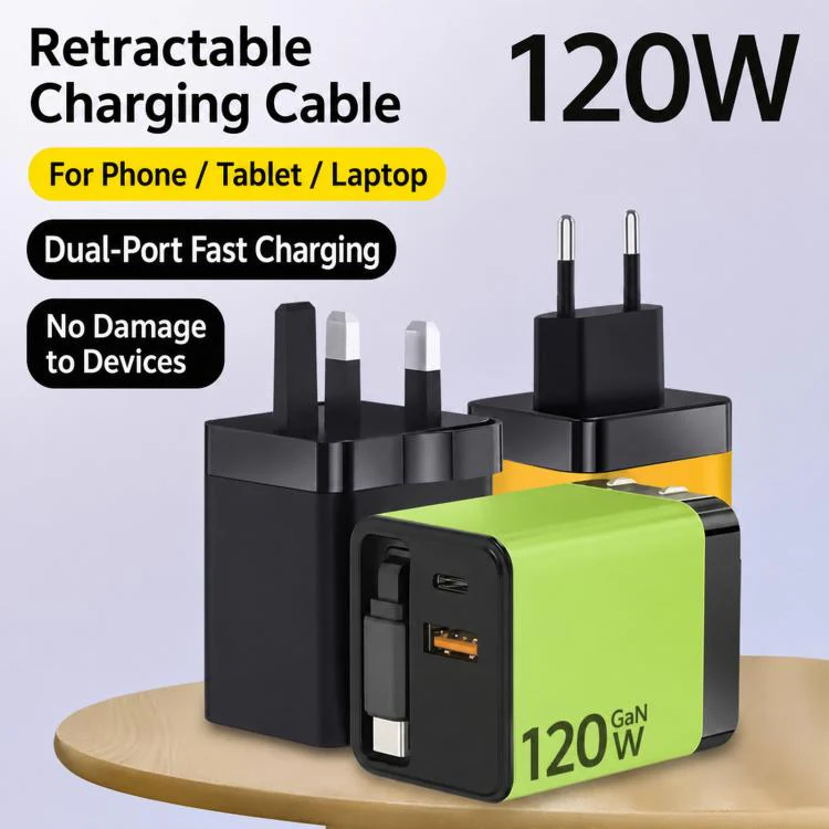 120W GaN Wall Charger with Built-in Retractable USB-C Cable 3-Port Fast Charging Block US Plug(Black) - Image 2