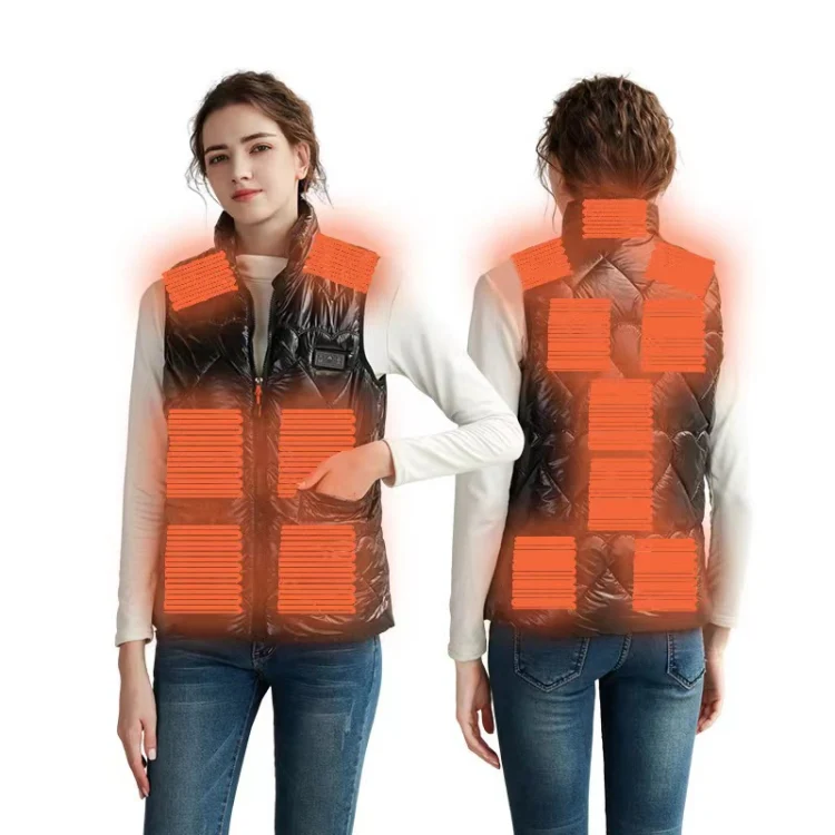 15 Areas Heated Shiny Vest For Women With 3 Independent Temperature Control, Size: M(Black)