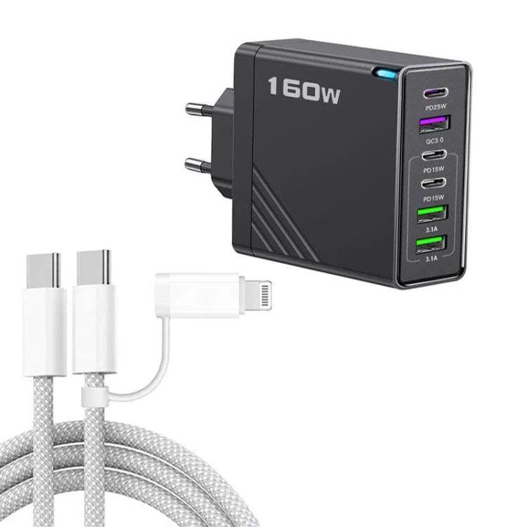 160W Type-C x 3, USB x 3 Quick Charger with Type-C to Type-C / 8 Pin Cable, EU Plug(Black)