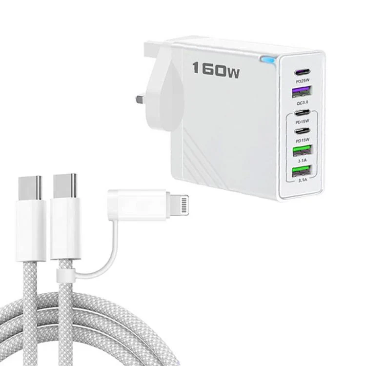 160W Type-C x 3, USB x 3 Quick Charger with Type-C to Type-C / 8 Pin Cable, UK Plug(White)