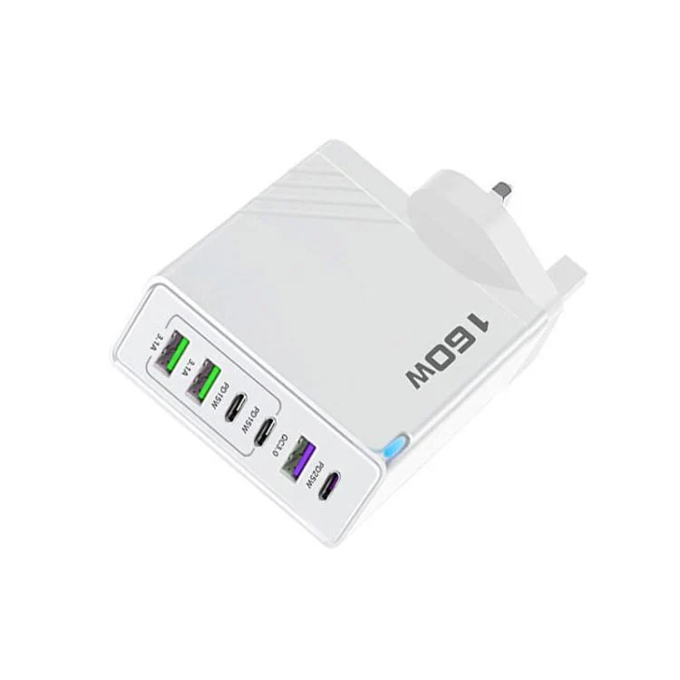 160W Type-C x 3, USB x 3 Quick Charger with Type-C to Type-C / 8 Pin Cable, UK Plug(White) - Image 2