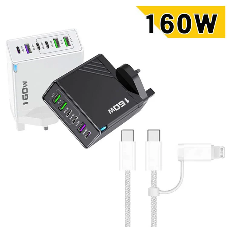 160W Type-C x 3, USB x 3 Quick Charger with Type-C to Type-C / 8 Pin Cable, UK Plug(White) - Image 3