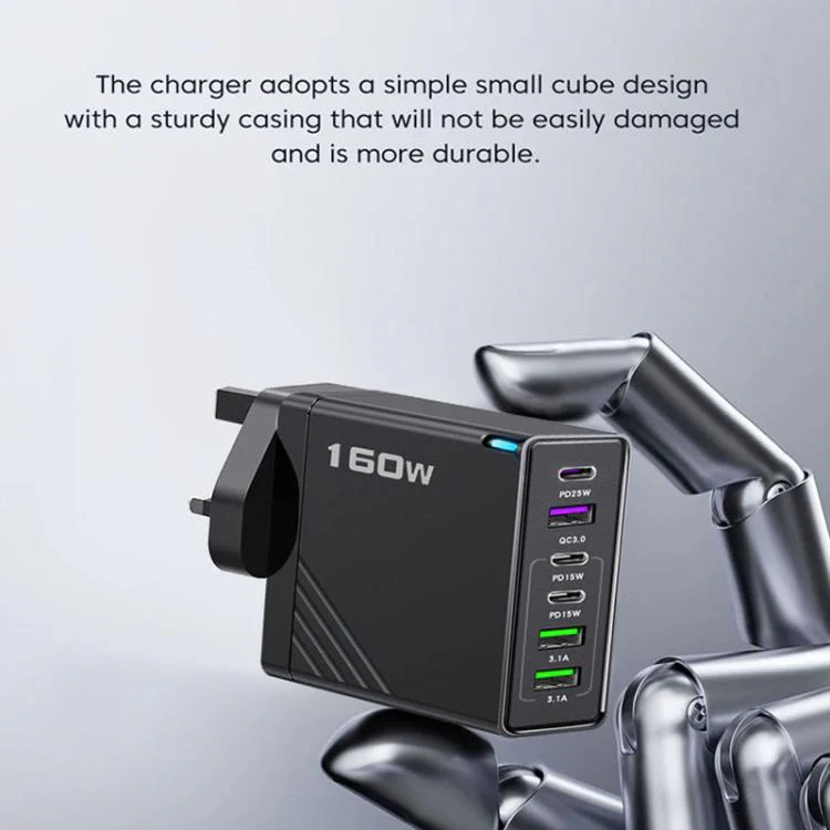 160W Type-C x 3, USB x 3 Quick Charger with Type-C to Type-C / 8 Pin Cable, UK Plug(White) - Image 7