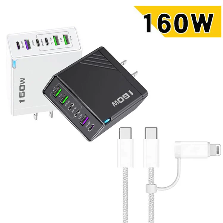 160W Type-C x 3, USB x 3 Quick Charger with Type-C to Type-C / 8 Pin Cable, US Plug(Black) - Image 3