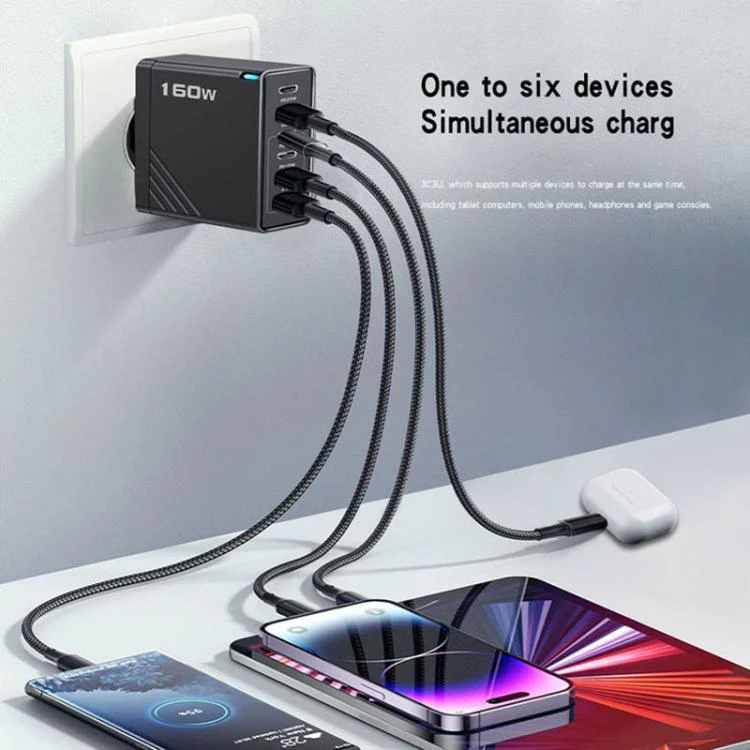 160W Type-C x 3, USB x 3 Quick Charger with Type-C to Type-C / 8 Pin Cable, US Plug(Black) - Image 8