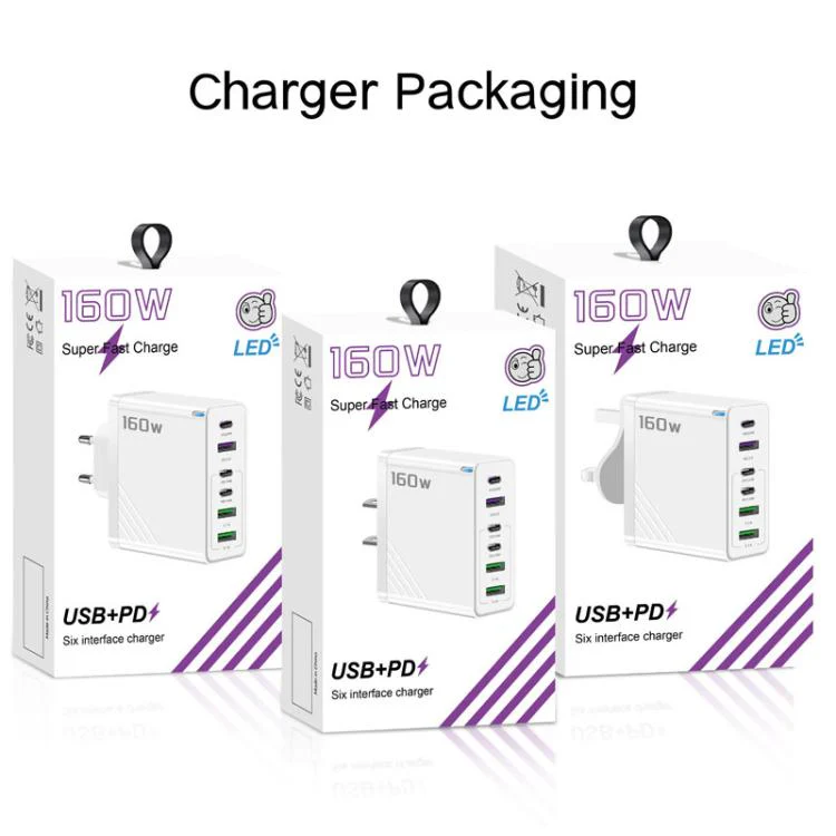 160W Type-C x 3, USB x 3 Quick Charger with Type-C to Type-C / 8 Pin Cable, US Plug(White) - Image 9