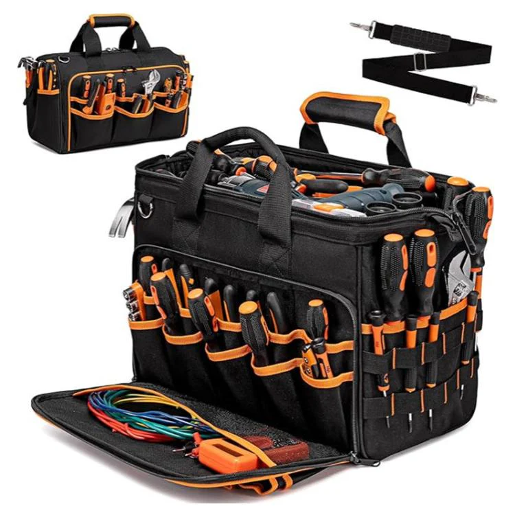 17-inch Heavy-Duty Tool Bag Portable Tote with 46-Pocket Organization, Non-Slip Rubber Base & Shoulder Strap(Black)