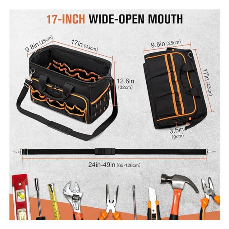 17-inch Heavy-Duty Tool Bag Portable Tote with 46-Pocket Organization, Non-Slip Rubber Base & Shoulder Strap(Black) - Image 7