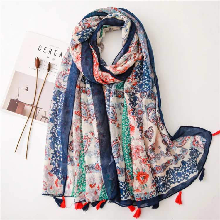 180 X 85cm Women Cotton And Linen Scarf Retro Splicing Bohemian Printed Silk Shawl SL1906-052