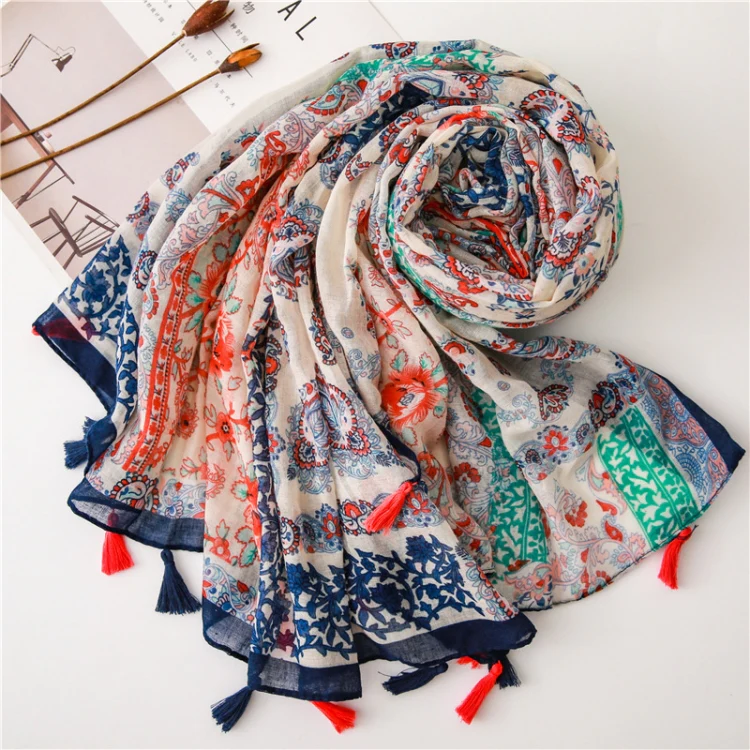 180 X 85cm Women Cotton And Linen Scarf Retro Splicing Bohemian Printed Silk Shawl SL1906-052 - Image 2