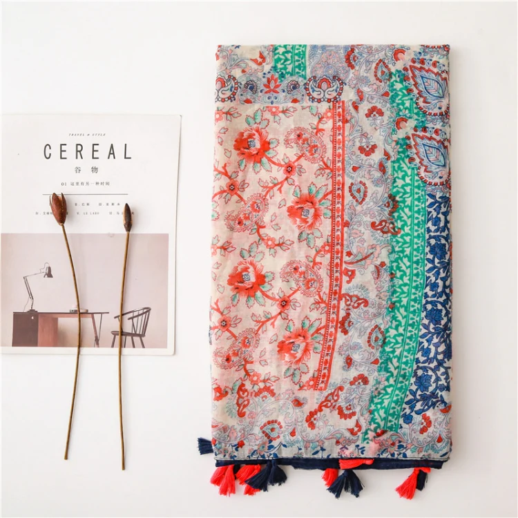 180 X 85cm Women Cotton And Linen Scarf Retro Splicing Bohemian Printed Silk Shawl SL1906-052 - Image 3