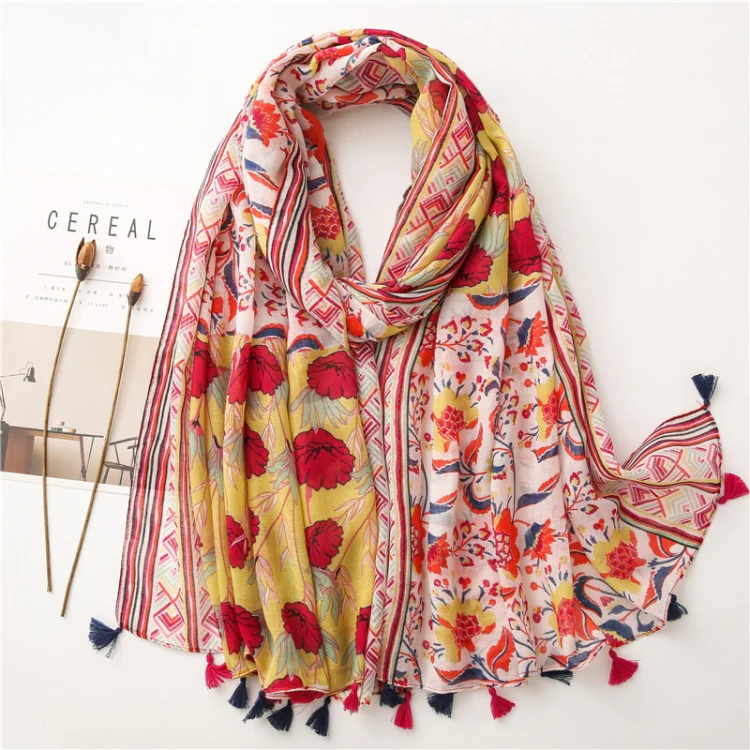 180 X 85cm Women Cotton And Linen Scarf Retro Splicing Bohemian Printed Silk Shawl SL2008-005 Yellow