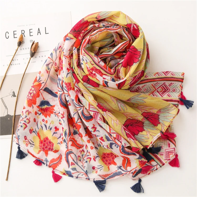 180 X 85cm Women Cotton And Linen Scarf Retro Splicing Bohemian Printed Silk Shawl SL2008-005 Yellow - Image 2