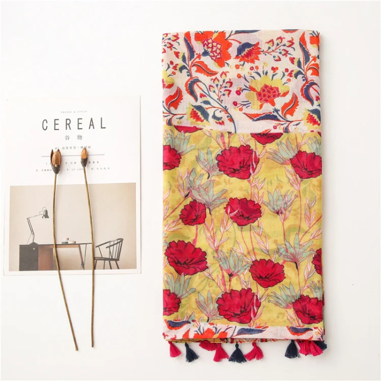 180 X 85cm Women Cotton And Linen Scarf Retro Splicing Bohemian Printed Silk Shawl SL2008-005 Yellow - Image 3