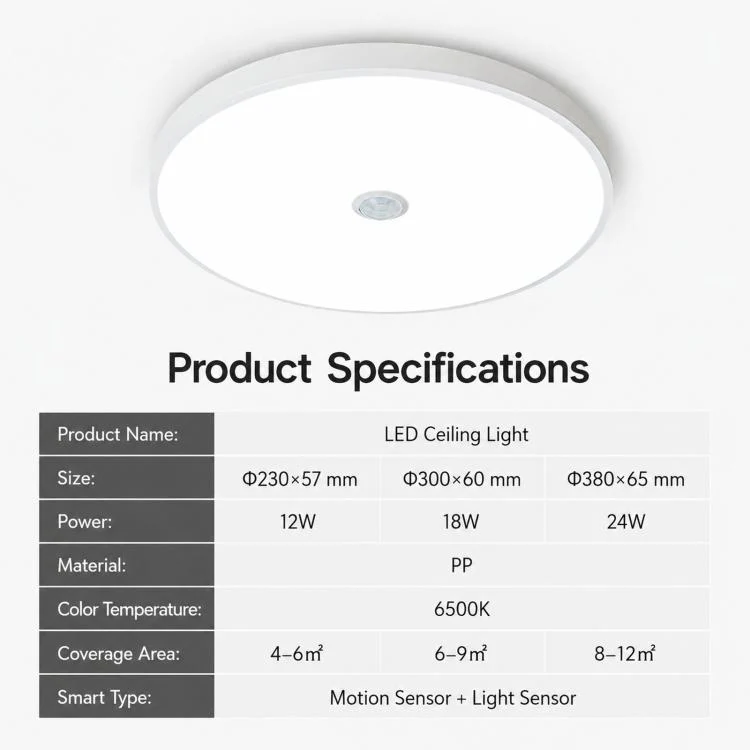 18W 30cm LED Motion Sensor Ceiling Light Flush Mount Dustproof Light with Photocell 6500K Cool White - Image 8