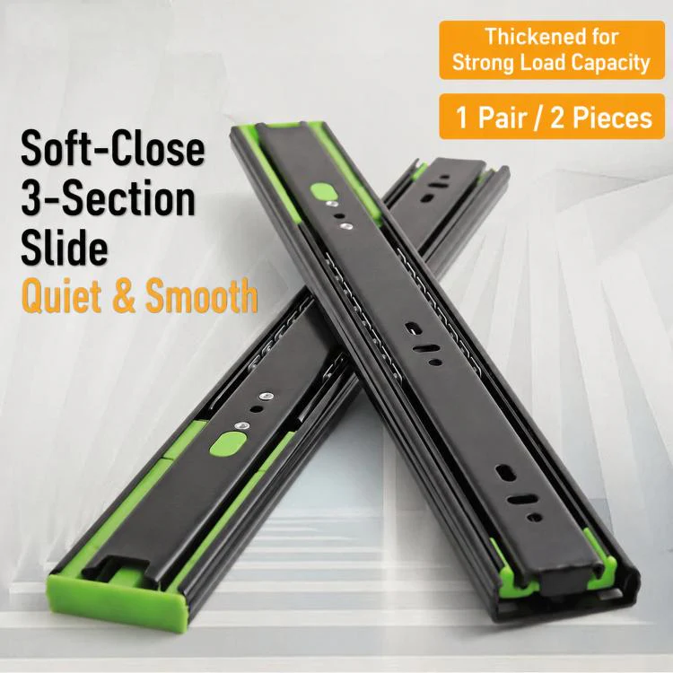 1pair Heavy-Duty Soft-Close Drawer Slides Thickened 3-Section Silent Soft-Close Slide Rails, Spec: Black Steel 16 inch 40cm - Image 2