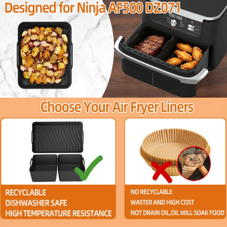 2-in-1 Model Silicone Air Fryer Liners for Ninja Foodi Dual AF500 / DZ071 Reusable Rectangular Baking Tray with Handles(Black) - Image 4