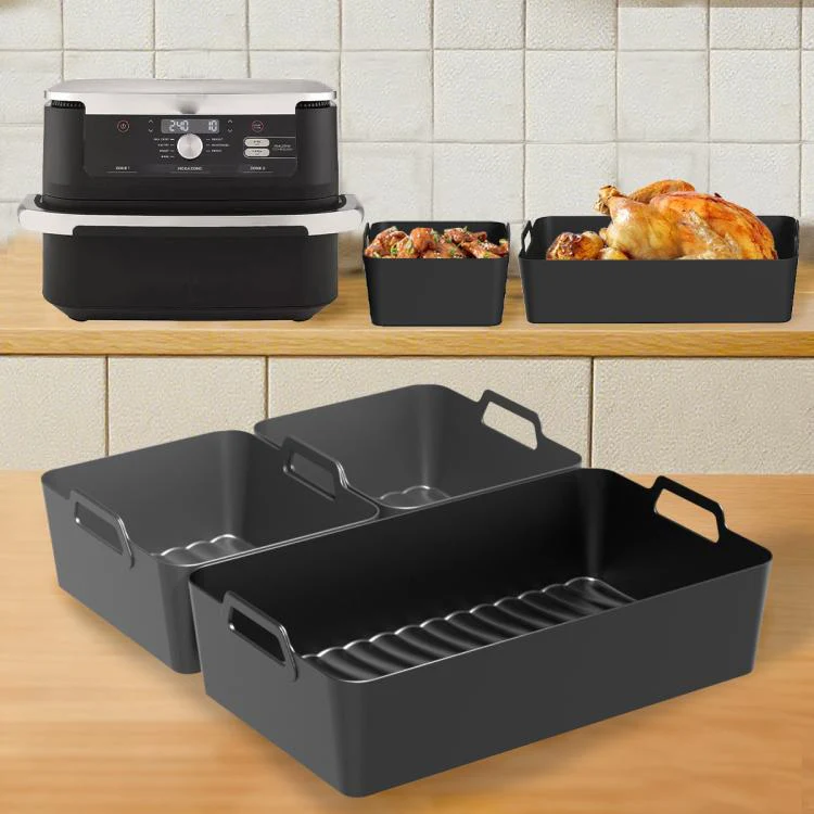 2-in-1 Model Silicone Air Fryer Liners for Ninja Foodi Dual AF500 / DZ071 Reusable Rectangular Baking Tray with Handles(Black) - Image 6
