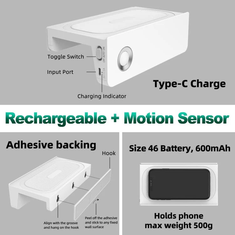 2-In-1 Motion Sensor Nightlight With Phone Shelf Rechargeable LED Sconce For Restroom(Warm Light) - Image 6
