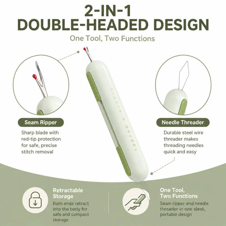 2-in-1 Seam Ripper and Needle Threader, Retractable Stitch Remover Tool for Hand Sewing, Double-Headed Threader & Seam Cutter(Green) - Image 3