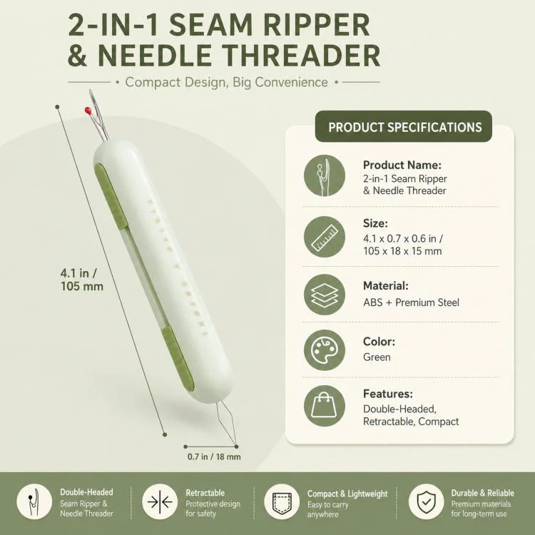 2-in-1 Seam Ripper and Needle Threader, Retractable Stitch Remover Tool for Hand Sewing, Double-Headed Threader & Seam Cutter(Green) - Image 8