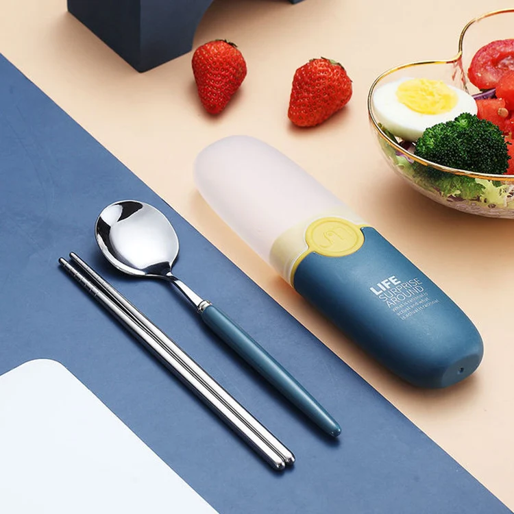 2 in 1 Simple Child Student Travel Portable 304 Stainless Steel Spoon Chopsticks Cutlery Set(Blue) - Image 2