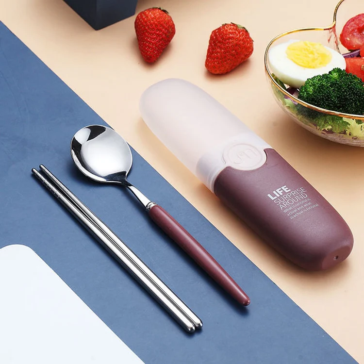 2 in 1 Simple Child Student Travel Portable 304 Stainless Steel Spoon Chopsticks Cutlery Set(Brown) - Image 2