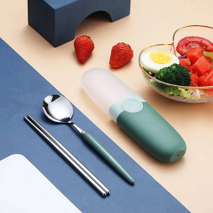 2 in 1 Simple Child Student Travel Portable 304 Stainless Steel Spoon Chopsticks Cutlery Set(Green) - Image 2
