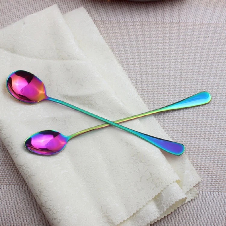 2 PCS Stainless Steel Rainbow Long Handled Coffee Scoops Cold Drink Stirring Spoon for Dessert Cake, Style:Round Spoon(Colorful) - Image 3