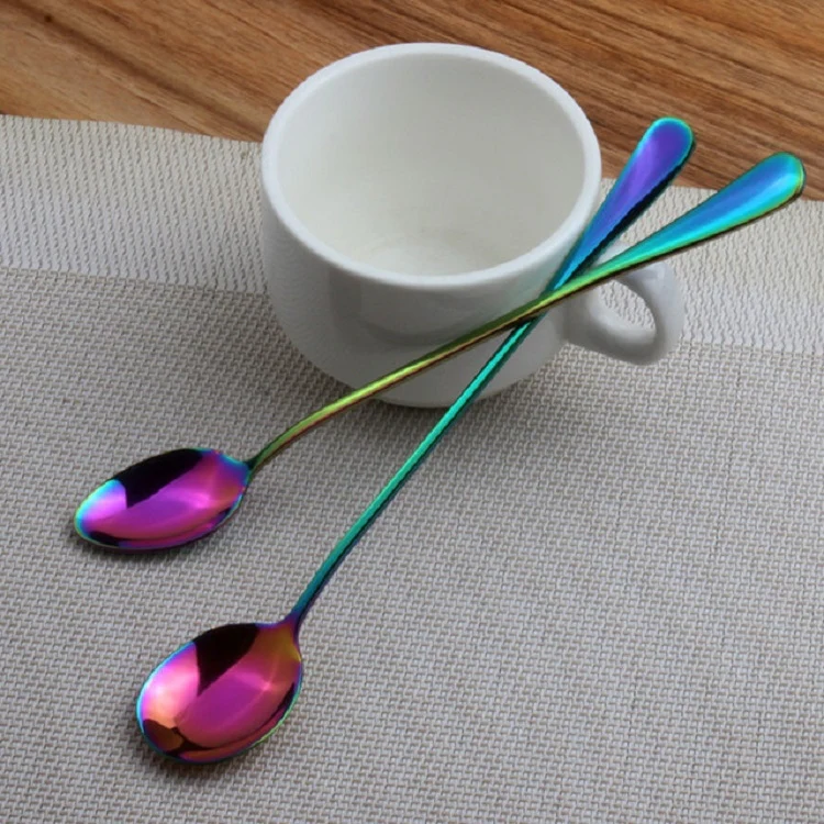 2 PCS Stainless Steel Rainbow Long Handled Coffee Scoops Cold Drink Stirring Spoon for Dessert Cake, Style:Round Spoon(Colorful) - Image 7
