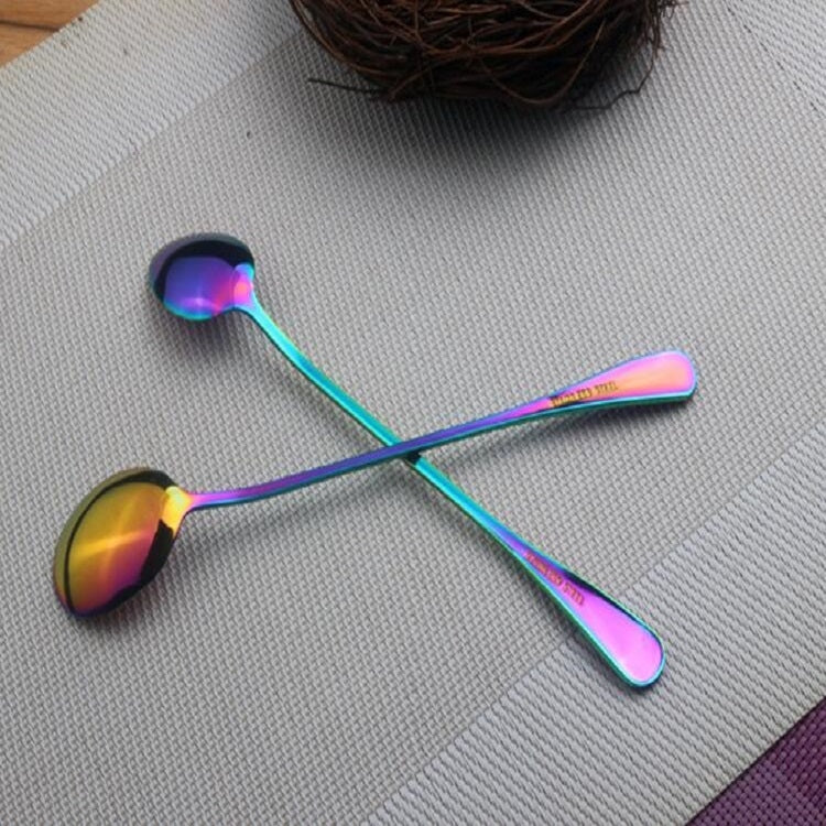 2 PCS Stainless Steel Rainbow Long Handled Coffee Scoops Cold Drink Stirring Spoon for Dessert Cake, Style:Sharp Spoon(Colorful) - Image 4