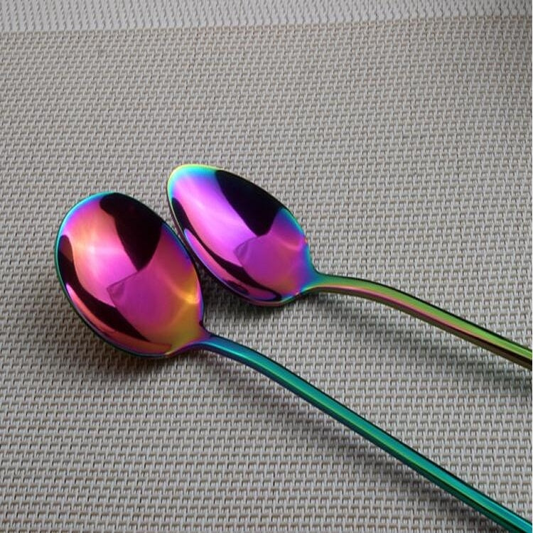 2 PCS Stainless Steel Rainbow Long Handled Coffee Scoops Cold Drink Stirring Spoon for Dessert Cake, Style:Sharp Spoon(Colorful) - Image 5