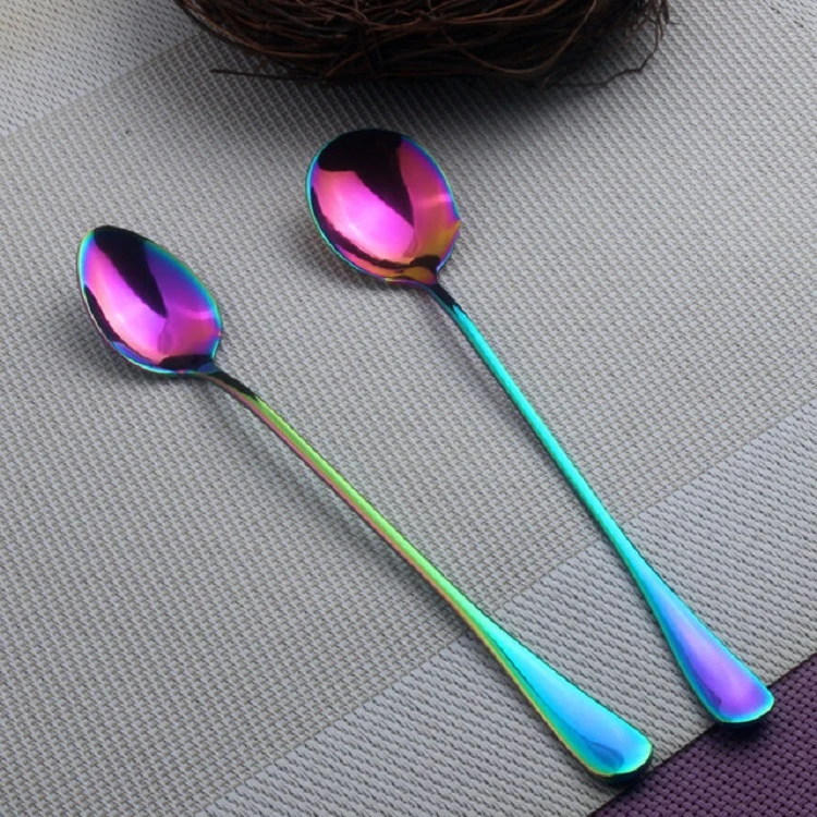 2 PCS Stainless Steel Rainbow Long Handled Coffee Scoops Cold Drink Stirring Spoon for Dessert Cake, Style:Sharp Spoon(Colorful) - Image 6