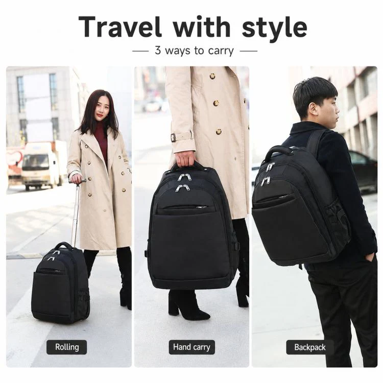 20 Inch Rolling Backpack for Travel Wheeled Laptop Backpack with Hidden Straps Carry On Trolley Bag for Business School(Black) - Image 2